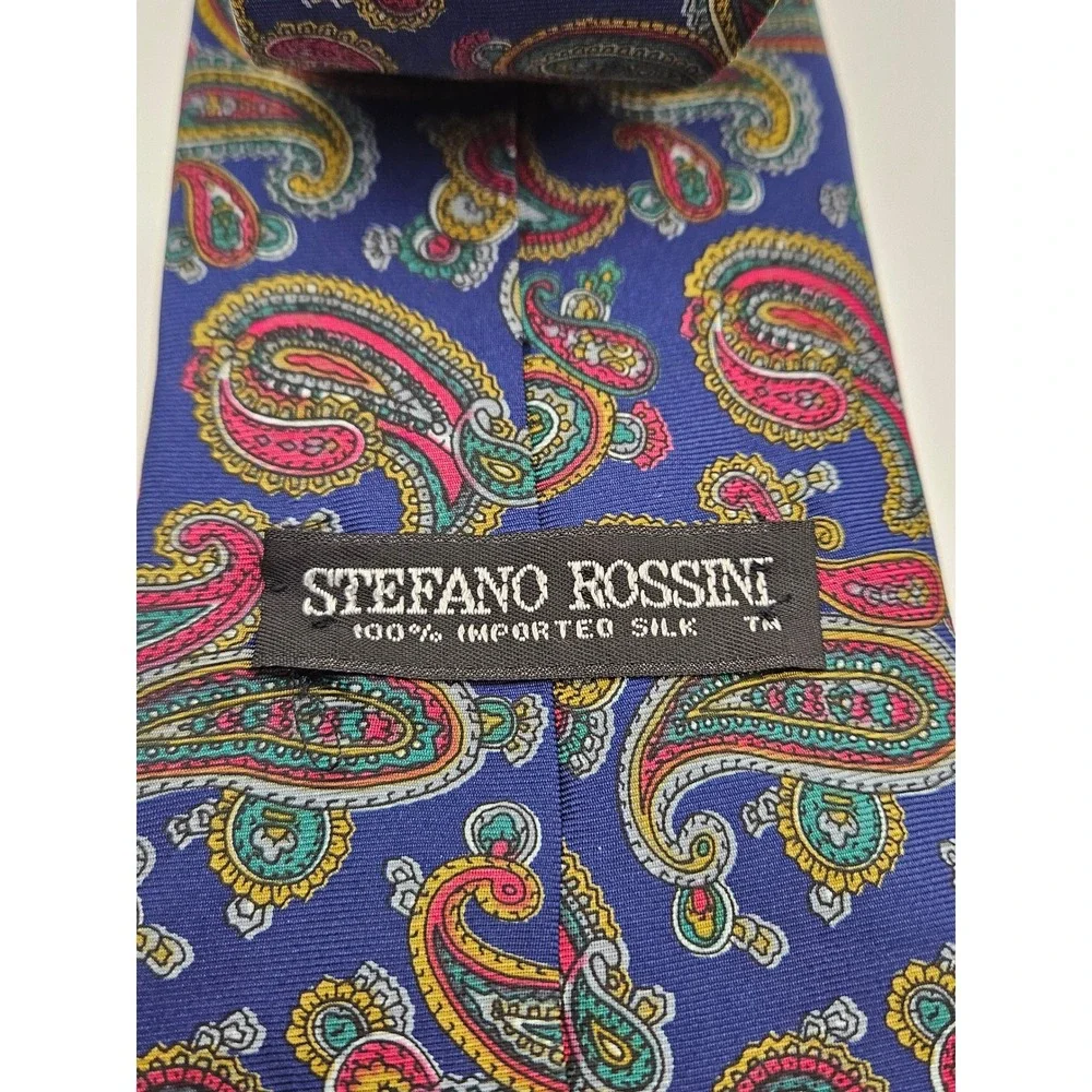 Stefano Rossini Men Navy Blue Paisley 100% Silk Handmade Necktie 3.75 Inch Width